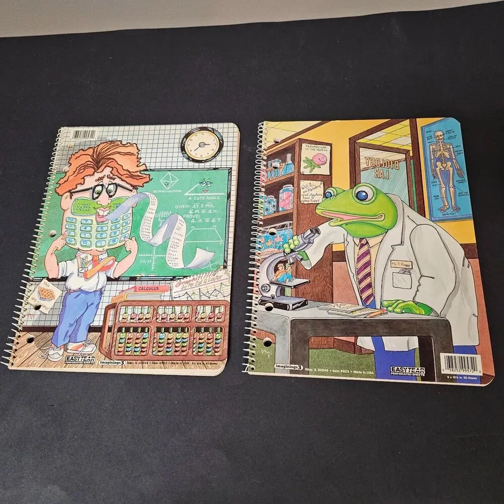 Set of 2 Funny Class Spiral Notebooks Caricatures Vtg Class Comedy School New